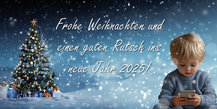 Weihnachtsgruß; Hintergrund: Schnee, Weihnachtsbaum und Kind