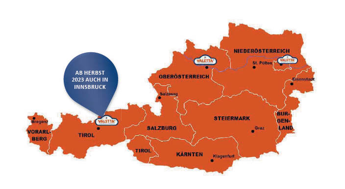 Bild von Österreichkarte mit VALETTA Standorten